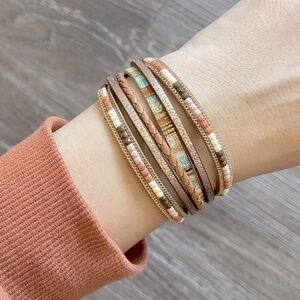 Beaded Faux Leather Stacked Bracelet Cuff